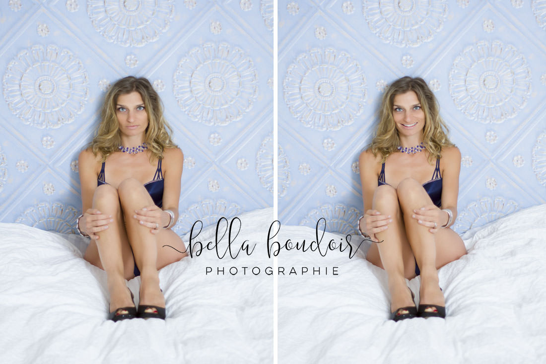 Boudoir photography Montreal. Woman sitting on a bed.