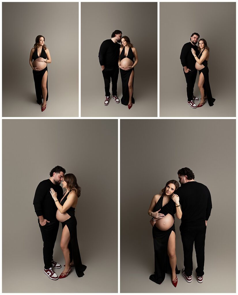 Couple posing together in elegant and timeless studio portraits