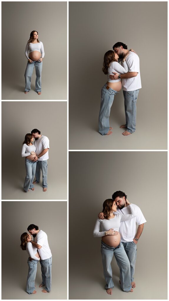 Montreal maternity photoshoot with couple in relaxed, natural poses and soft neutral tones