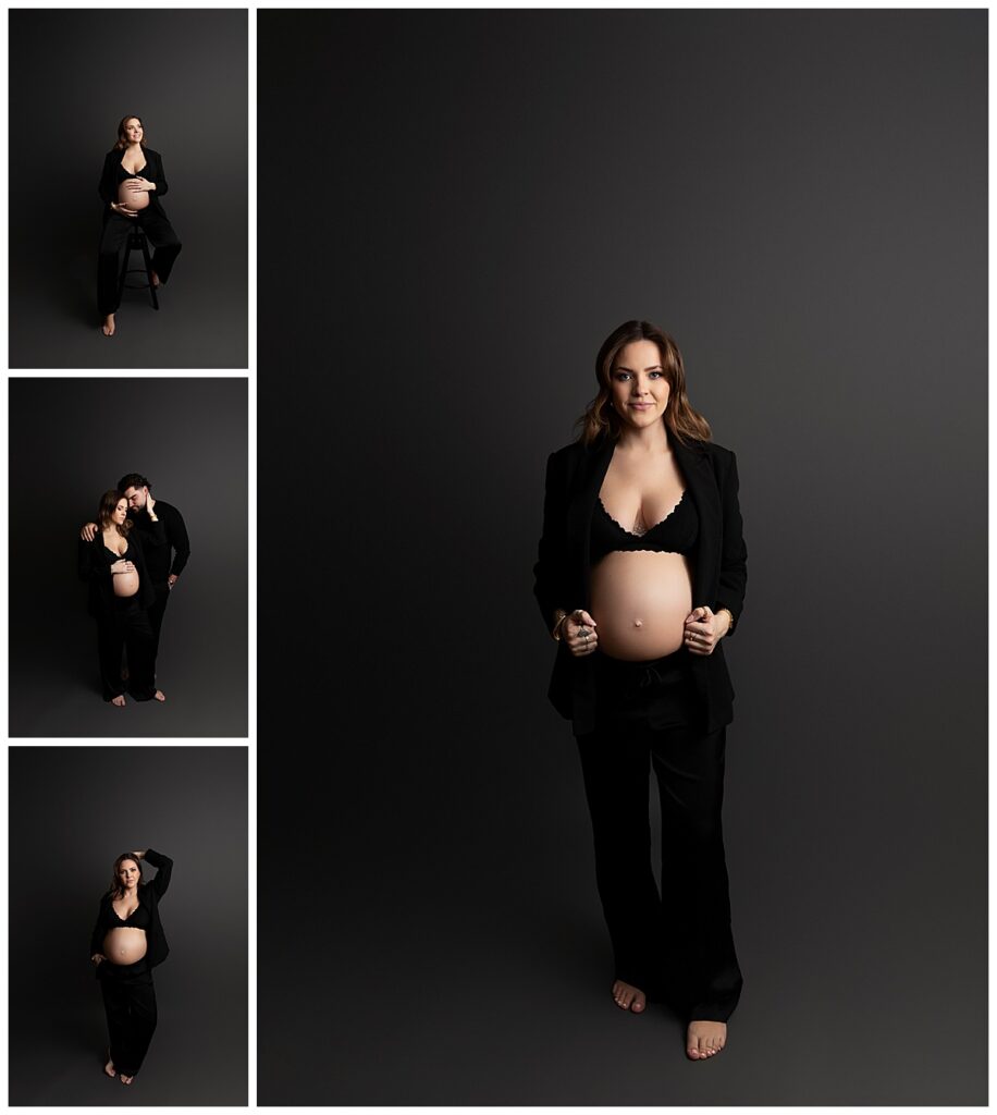 Minimalist maternity photoshoot with mother in simple black outfit against clean backdrop