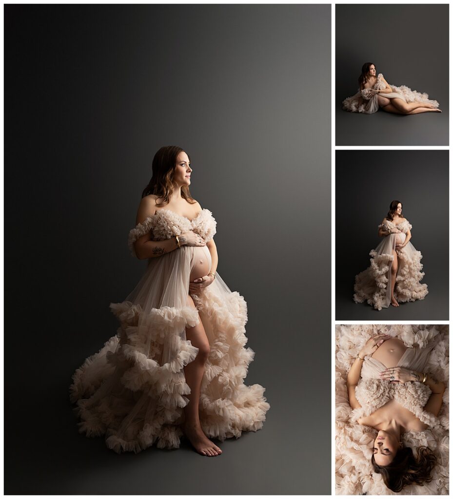 Luxury maternity photo collage featuring styled gown and soft, artistic studio lighting