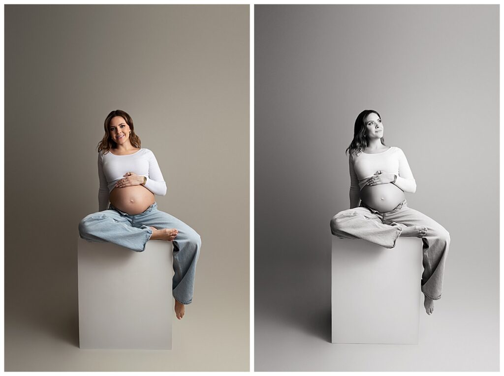 Collage of simple and clean seated poses in neutral styling of a pregnant woman