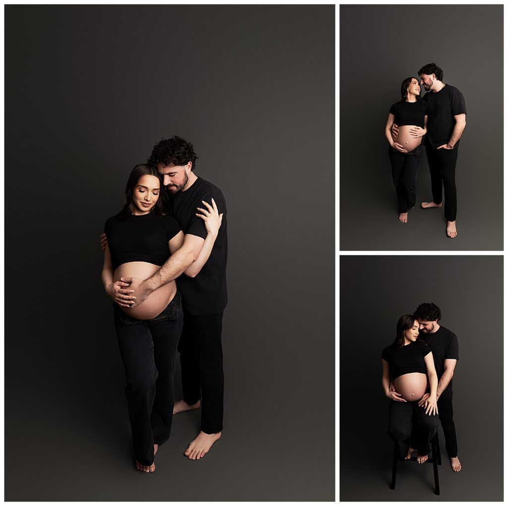 séance photo maternité à Montréal couple attendant un bébé en studio